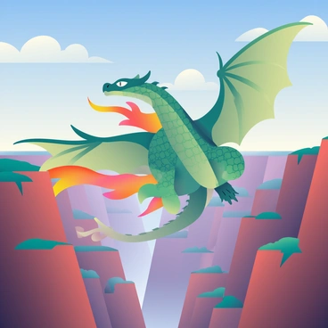 A large dragon with shimmering green scales is flying over a vast canyon. Its wings are wide and powerful, resembling an emerald tapestry, and as they flap, they create trails of bright orange and red fire that arc gracefully behind it. Below, the canyon's rocky walls are a mix of deep browns and subtle reds, with patches of green vegetation clinging to the cliffs. The sky above is a vibrant blue, dotted with a few soft, fluffy white clouds. The dragon's fierce eyes are focused ahead, showcasing both strength and grace as it soars through the air.