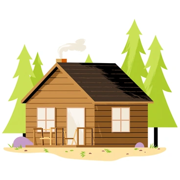 A cozy wooden hut with a brown exterior sits nestled among tall green pine trees. The roof of the hut is steep and covered with dark shingles. Smoke curls gently from the chimney, suggesting a warm fire inside. The ground around the hut is scattered with fallen pine needles and small rocks. Sunlight filters through the branches of the trees, casting soft shadows on the forest floor. A small wooden porch extends from the front of the hut, adorned with a pair of rustic chairs.
