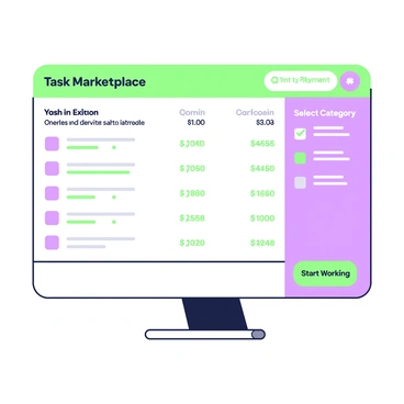 An illustration of a pay-per-task platform interface displayed on a computer screen. The screen shows a clean layout with a green header at the top containing the title "Task Marketplace." Below the header, there is a list of various tasks, each occupying a separate row. Each task is described with a short title in quotes and includes details such as the payment amount in green text and the estimated completion time in another column. To the right, there is a filter sidebar in purple, featuring options like "Sort by Payment" and "Select Category," along with checkboxes for user preferences. In the bottom corner, there is a green button that reads "Start Working," inviting users to engage with the platform.