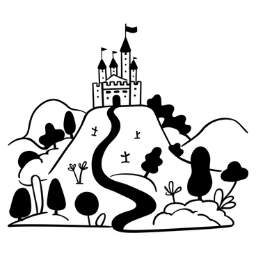 A towering castle with multiple turrets and a grand entrance sits atop a hill. Flags are flying from the highest points of the castle, adding a sense of majesty. Below the hill, there is a lush landscape filled with trees and various plants, illustrating the beauty of nature surrounding the castle. The terrain gently slopes downwards, leading to a winding river that flows through the greenery. In the distance, there are rolling hills that add depth to the scene.