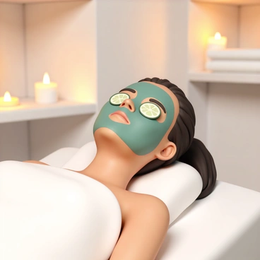 A person lying on a white spa treatment bed, with cucumber slices placed gently over their closed eyes. The person's face is covered with a green facial mask that has a smooth texture. They have long, dark hair pulled back into a loose bun. The setting is tranquil, featuring soft, ambient lighting that casts a warm glow. A few candles are flickering on a nearby shelf, and a small stack of fluffy white towels is positioned at the foot of the bed. The person's expression is relaxed and serene.