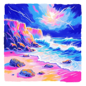 A seashore scene captures a dramatic storm. Dark, ominous clouds fill the sky, and bright "lightning" streaks illuminate the scene. The "crashing waves" are turbulent, spraying white foam as they hit the "rocky cliffs" that rise imposingly from the shore. The ground is wet with rain, and the tumultuous sea roars with intensity. "Rocks" jut out into the water, partially submerged and covered with seaweed. The atmosphere is charged with energy and movement.