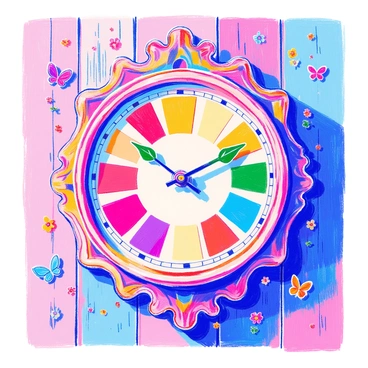 A whimsical clock is displayed prominently on a wooden wall. The clock face is circular, and instead of traditional numbers, the hours are represented by vibrant colors arranged in a circular pattern, each corresponding to a section of the color wheel. The clock hands are uniquely shaped like leaves, one hand painted in a bright green and the other in a soft yellow. Surrounding the clock, small decorative elements include tiny butterflies and flowers, all in various colors, enhancing the playful theme. The clock frame is ornate, featuring intricate floral carvings.