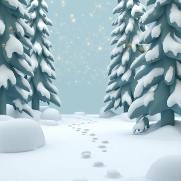 A snowy winter forest with tall, frosted pine trees and a blanket of fresh snow covering the ground. The trunks of the trees are dusted with white snowflakes, while the branches gracefully sag under the weight of the snow. In the air, hundreds of fireflies emit a warm, golden glow, contrasting vividly against the cool blue and white tones of the winter landscape. Their soft lights illuminate the surroundings, creating a magical atmosphere amidst the cold backdrop. The ground is scattered with patches of untouched snow, and small animal tracks lead through the tranquil scene.