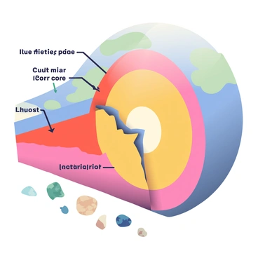 A cross-sectional diagram of the Earth shows the various layers, including the inner core, outer core, mantle, and crust. The crust is depicted with a clear delineation. A normal fault is illustrated within the crust, showcasing the movement of tectonic plates. The fault line is represented by a jagged line, with one side of the fault dropping down relative to the other. There are labeled arrows indicating the direction of the tectonic forces. Surrounding the fault, there are small rocks and minerals depicted, emphasizing the geological context.
