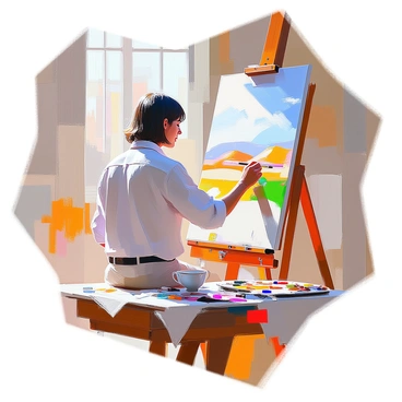 A Renaissance artist with medium skin and shoulder-length dark hair is captured mid-action as they paint on a large, vertical canvas in a sunlit studio. The artist is wearing a white shirt with rolled-up sleeves, smudged with paint, and their face shows concentration. Sunlight pours through large windows, illuminating the room filled with various art supplies, scattered brushes, and a palette of vibrant colors. The canvas features a partially completed scene of a landscape with rolling hills and a clear sky. The studio walls are adorned with sketches and paintings, adding to the creative atmosphere.