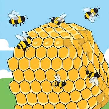 Several cartoon-style bees with yellow and black stripes are buzzing around a large, detailed honeycomb structure. The honeycomb is composed of numerous hexagonal cells, each filled with golden honey. Each bee has distinct wings that are semi-transparent and glistening. They are flying in various directions, with some of them hovering close to the honeycomb. Each hexagon has a prominent number displayed on it, indicating the order of collection. The scene shows a vibrant and lively environment, with a bright blue sky above and a few fluffy white clouds.