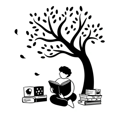 A young child sitting cross-legged on the grass, engrossed in a large, open storybook. Towering above is a large oak tree with a thick trunk and numerous sprawling branches, providing a dense canopy of leaves. Scattered around the child are several colorful storybooks, some stacked and others lying open, showcasing images of fantastical creatures. A gentle breeze causes a few leaves to drift down from the oak tree, adding to the enchanting atmosphere of the scene.