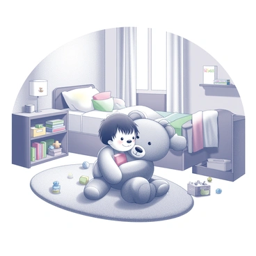 A child is sitting on a plush rug in a cozy bedroom. They are snuggling a large teddy bear that has a soft, round face and floppy limbs. The child is smiling, their arms wrapped securely around the bear. The bedroom features a neatly made bed with colorful blankets and pillows, a small bookshelf filled with children's books, and a window with light filtering through sheer curtains. A variety of toys are scattered around the floor, creating a warm and inviting atmosphere.