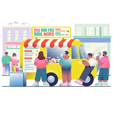 A mini-truck painted in bright yellow is parked in a busy city square. The side of the truck has a large menu displaying various street food options in bold, colorful letters. A red and white striped awning extends from the top of the truck, providing shade for customers. There are several people gathered around the truck, eagerly waiting in line. A woman with long brown hair is placing an order while a man beside her is holding a paper plate filled with tacos. To the left of the truck, a small table holds condiments in vibrant bottles and a large cooler filled with drinks. The city square is bustling with activity, featuring tall buildings, colorful storefronts, and people walking by.