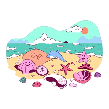 A vibrant seaside setting features an array of colorful seashells scattered across the sandy shore. Among them, several seashells are animated and have faces, engaging in lively conversations with one another. Nearby, playful sea creatures such as a blue dolphin and a pink starfish are splashing in the gentle waves, displaying a sense of joy and camaraderie. In the background, a soft teal sea stretches toward the horizon, while the sun casts a warm orange glow over the scene, enhancing the cheerful atmosphere.