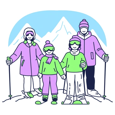 A family of four is standing together on a snowy mountain top for a photo. The parents are on either side, with the mother wearing a puffy jacket and the father in a matching ski outfit. The two children, a boy and a girl, are in the center, both holding their skis upright. The girl is wearing bright ski goggles and a colorful beanie, while the boy has a scarf wrapped around his neck. In the background, snow-covered peaks rise majestically, with a clear blue sky overhead. The family's smiles are wide, capturing a moment of joy and togetherness.
