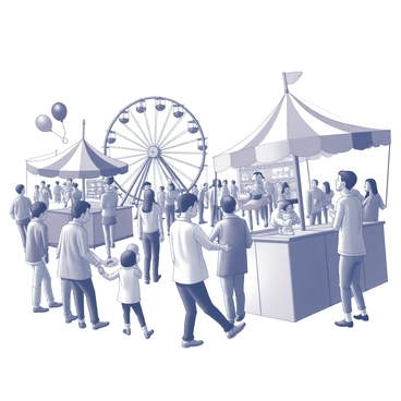 A lively carnival scene filled with activity. In the foreground, people are engaged in various carnival games, some are laughing while others are eagerly trying to win prizes. There are several carnival rides, including a Ferris wheel and a carousel, both adorned with intricate designs. "Colorful balloons" float above the crowd, tied to the hands of children and to the edges of stalls. The atmosphere is energetic as attendees are dressed in casual, festive attire, adding to the vibrant ambiance of the event.