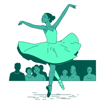 A teal ballerina is leaping gracefully into the air during a performance. She has a flowing white tutu that flares out around her as she ascends. Her arms are extended elegantly above her head, and her face shows concentration and joy. Below her, a wooden stage is visible, with soft lighting highlighting her figure. In the background, a shadowy audience is watching in admiration.