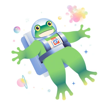 A large bullfrog with green skin is floating in a space suit. The space suit is shiny with a clear helmet, and it has various patches and insignias on the chest. The bullfrog's big eyes are visible through the helmet, and its limbs are slightly extended as it drifts weightlessly. Surrounding the bullfrog are small twinkling stars in various sizes, creating a vibrant cosmic backdrop. In the distance, there are clusters of colorful nebulae and a few planets with visible rings.