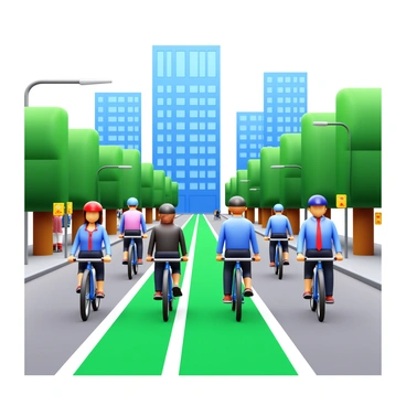 A group of employees on bicycles commuting to work along a city street. The street features dedicated bike lanes marked in bright green. Each cyclist wears a helmet for safety. Skyscrapers rise in the background, showcasing the urban environment. Trees line the street, providing some shade. Some cyclists are dressed in business attire, while others wear casual clothing. A few pedestrians walk along the sidewalks, and traffic signals are visible at intersections. The scene captures a busy morning commute.