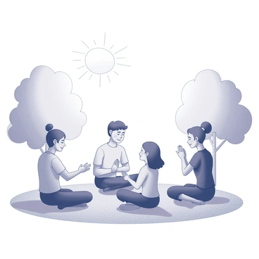 A diverse group of friends is gathered together in a park setting. They are sitting on the grass, each in a different meditation posture. One friend is cross-legged with hands resting on their knees, eyes closed in concentration. Another is lying down, arms stretched out beside them, fully relaxed. A third friend is seated on a cushion, with one leg extended and the other bent, hands held together in a prayer position. The sun shines brightly overhead, casting soft shadows on the ground, while trees provide a natural border around the area. The friends exhibit a sense of tranquility and connection as they share this peaceful experience.