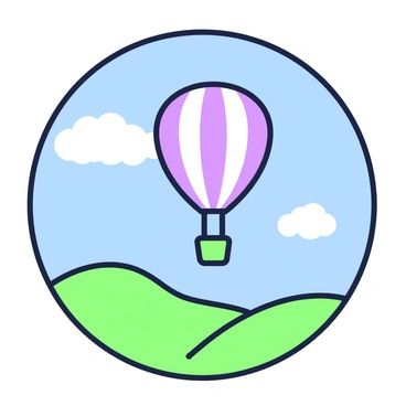 A simple round frame encloses a scene in the sky. Inside the frame, there is a hot air balloon that is rounded and filled with vibrant patterns. The balloon is floating gently against a backdrop of clear blue sky, where a few fluffy white clouds are scattered. Below the balloon, the landscape features rolling hills with patches of greenery. The frame itself has a thin outline that complements the composition.