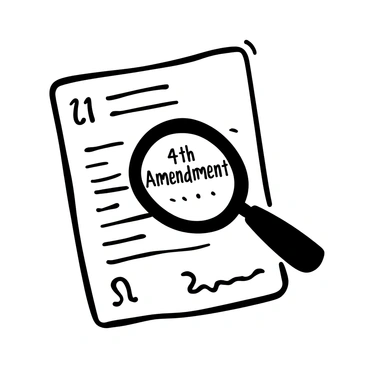 A magnifying glass placed over a document, clearly magnifying the text underneath. The words "4th Amendment" are highlighted prominently on the page. The document features lines of text and some decorative elements that indicate it is a formal document. The handle of the magnifying glass is positioned diagonally, giving depth to the composition.