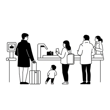 Passengers patiently waiting in line while their luggage is scanned at airport security