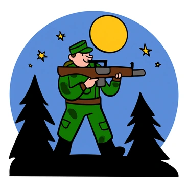 A soldier with light skin and short cropped hair stands alert on night watch. He is wearing a camouflage uniform and a military cap. The full moon is glowing brightly in the background, illuminating his focused expression. Stars are visible in the night sky, and the silhouette of trees can be seen around him, adding to the nighttime atmosphere. The soldier is holding a rifle firmly, scanning the surroundings for any signs of movement.