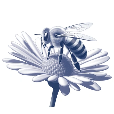 A close-up view of a bee perched on a vibrant flower. The bee is detailed, showcasing its fuzzy body and delicate wings, with its legs covered in pollen. The flower has numerous petals, each with distinct textures, and is well-defined in the foreground. The background features a soft blur, creating depth and emphasizing the bee and the flower in the foreground.