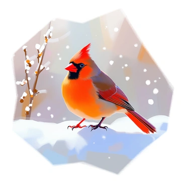 A cardinal standing on a snowy ground with snowflakes falling around