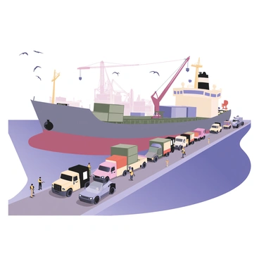 A large cargo ship is docked at a bustling port, with multiple vehicles being loaded onto its deck. The ship has a grey hull and a white superstructure. Several trucks and cars are lined up on the pier, waiting to be driven onto the ship. Workers in safety vests and hard hats are directing the loading process, while a crane is positioned above the ship, ready to lift large containers filled with additional cargo. The sky is clear, and seagulls can be seen flying above. The water is a vibrant blue, reflecting the activities at the port. There are cranes and other equipment in the background, completing the busy scene of international transport.