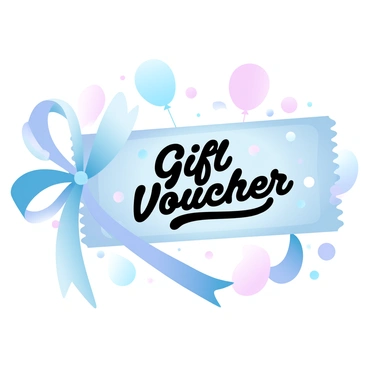 A vibrant gift voucher is placed centrally, adorned with a large shiny ribbon that wraps around it elegantly. The voucher features bright and varied patterns across its surface, highlighted by "Gift Voucher" in bold letters. In the background, there is a festive scene filled with balloons and confetti in gradient pastel colors, creating a celebratory atmosphere. The entire composition captures a joyful essence, perfect for special occasions.