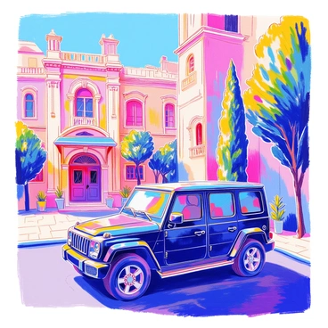 A black G-Wagon is parked in front of a historic architectural building with intricate stone carvings and large arched windows. The building features a grand entrance with tall double doors and a decorative awning. There are lush green trees flanking the sides of the building, and the sky above is a clear blue, casting soft shadows on the ground. The scene is vibrant, showcasing the contrast between the modern vehicle and the classic architecture.