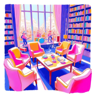 A serene library contrasted with a bustling rock concert in the same frame