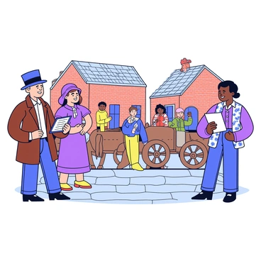 A group of census takers standing on a cobblestone street in a 19th-century town. One census taker, a man wearing a top hat and a brown coat, is holding a clipboard and writing with a quill. Another census taker, a woman in a long dress with a patterned shawl, is talking to a local resident wearing simple clothing. The background features quaint brick buildings, wooden carts, and a horse tied to a post. A few townsfolk are gathered around, curiously watching the activity.