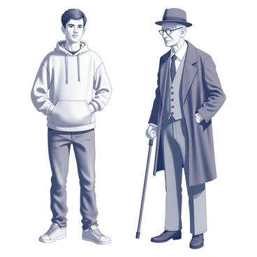 A split scene featuring two distinct characters. On the left side, there is a young person dressed in modern clothing, including a stylish hoodie and jeans. The individual is standing with a confident posture, hands in pockets, and a casual expression on their face. On the right side, an elder is depicted in vintage attire, wearing a classic waistcoat and trousers, accompanied by a pocket watch and a hat. The elder stands with a dignified demeanor, looking slightly to the side, showcasing details such as glasses and a walking cane. The background contrasts the two styles of clothing, emphasizing the difference in eras.