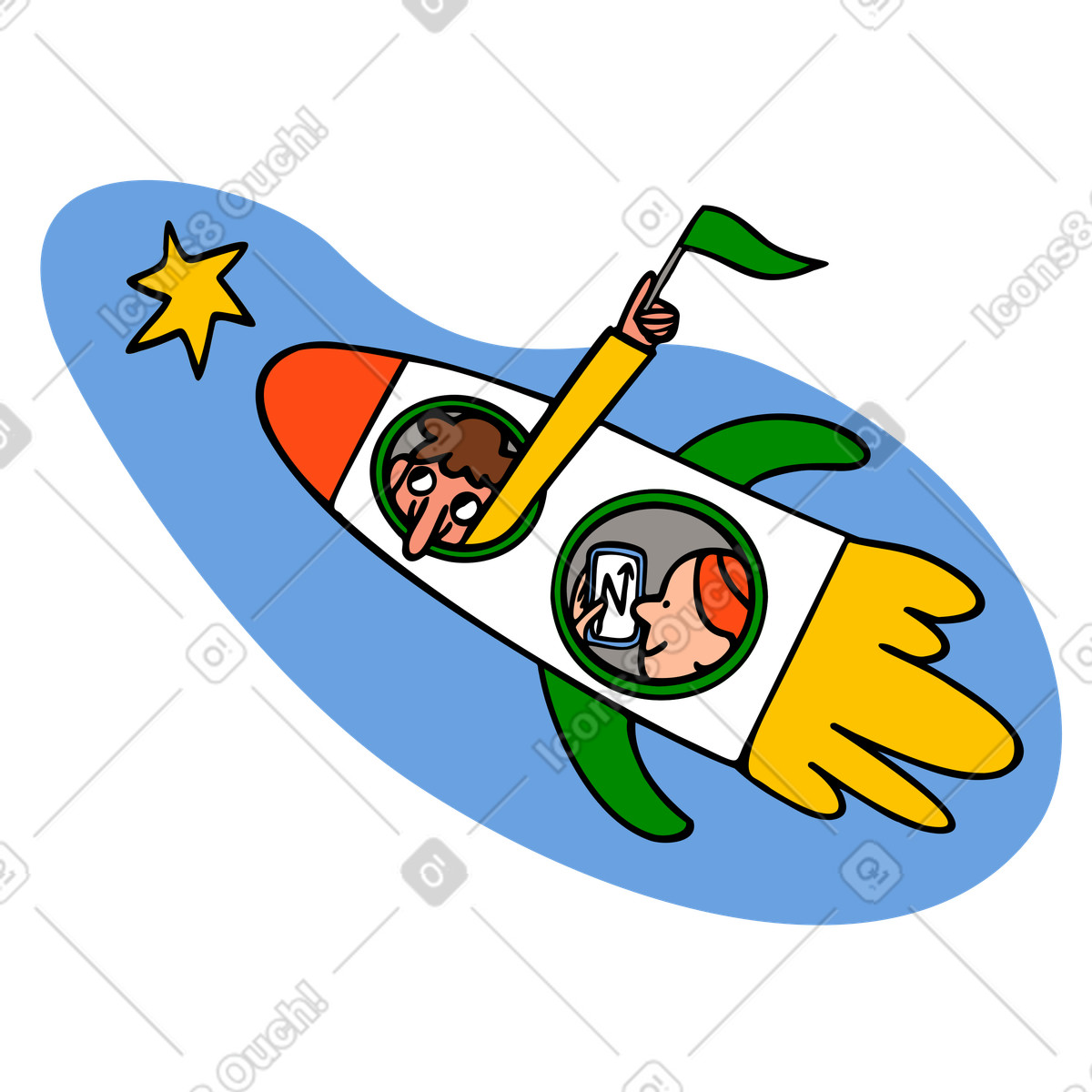 People flying on a rocket and reaching stars, successful startup, goals illustration in Comic style download in PNG, SVG
