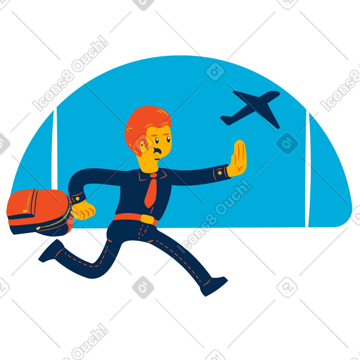 下载 Flame 风格的 Traveler rushing to gate with departing airplane, Missing flight and airport rush 插画，支持 PNG、SVG 格式