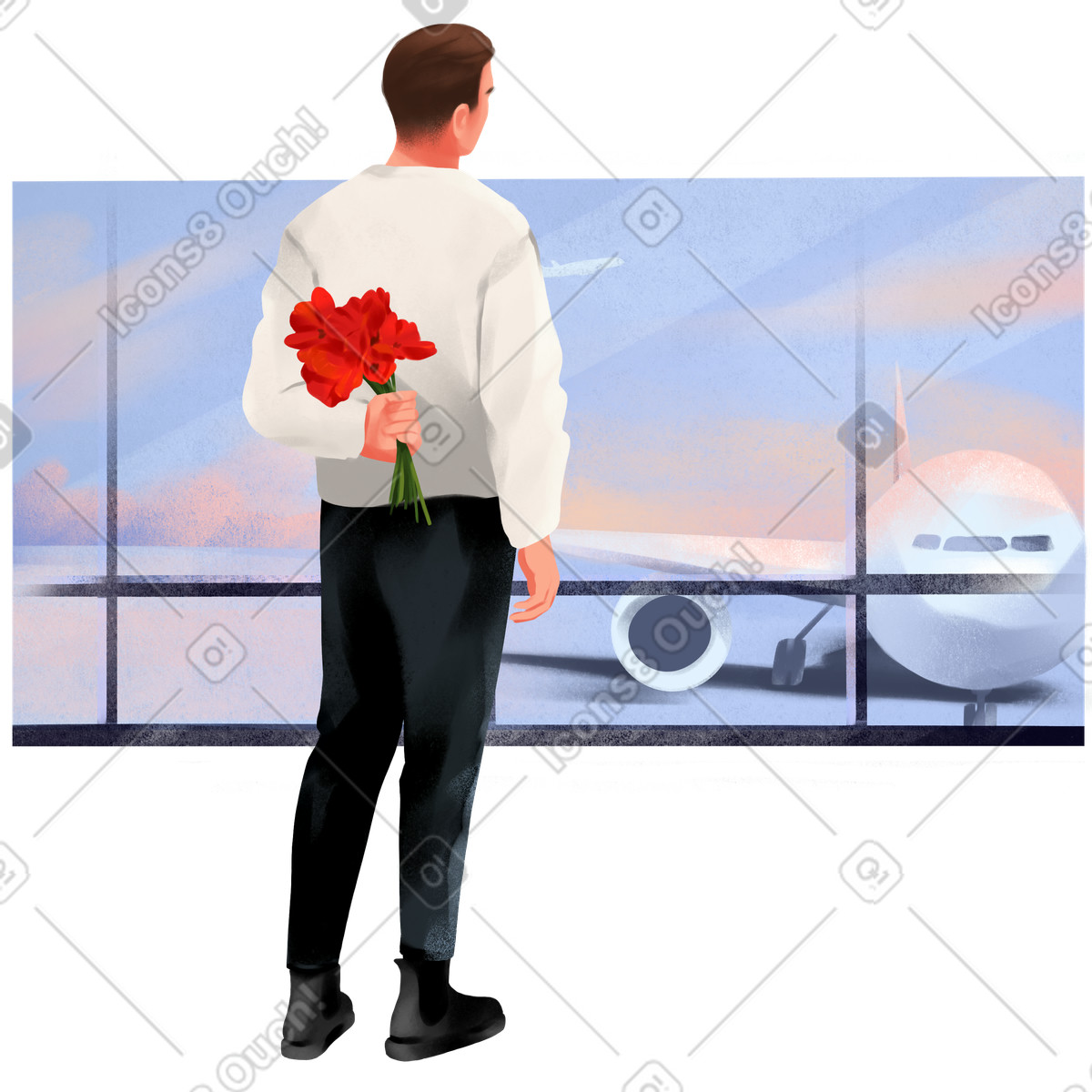 Demure スタイルの Man with flowers meeting someone at the airport のイラストをPNG、SVG形式でダウンロード