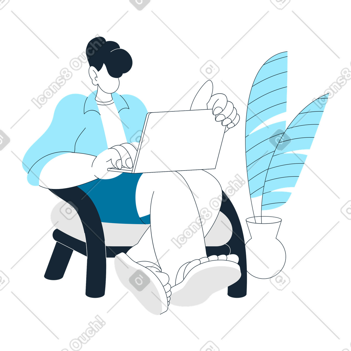 Person with laptop sitting in armchair, remote work flexibility and digital nomadism illustration Indigo style download PNG, SVG