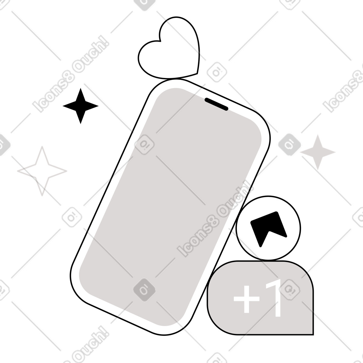 Mobile phone with bookmark, heart and plus one icons, Social network activity engagement illustration in Shade style download in PNG, SVG