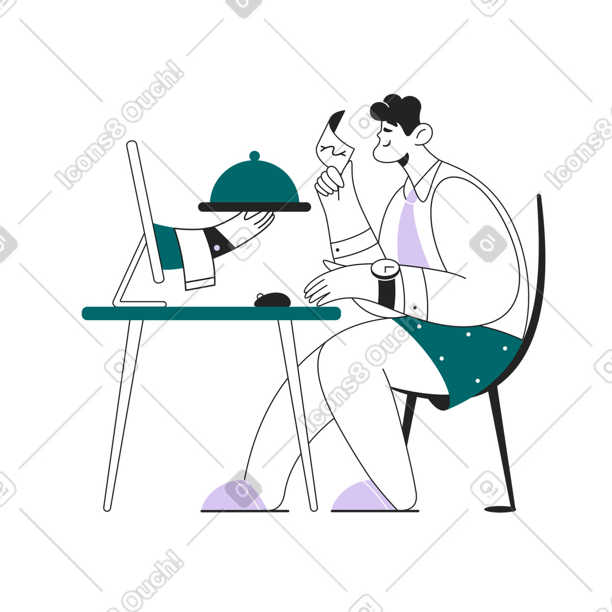 Illustration Un homme se fait livrer de la nourriture en ligne dans le style Sammy Line à télécharger aux formats PNG, SVG