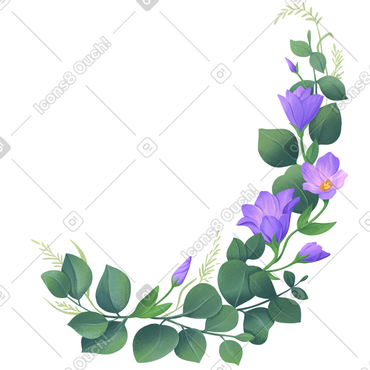 Corner composition with eustoma flowers and eucalyptus leaves illustration in Floral style download in PNG, SVG