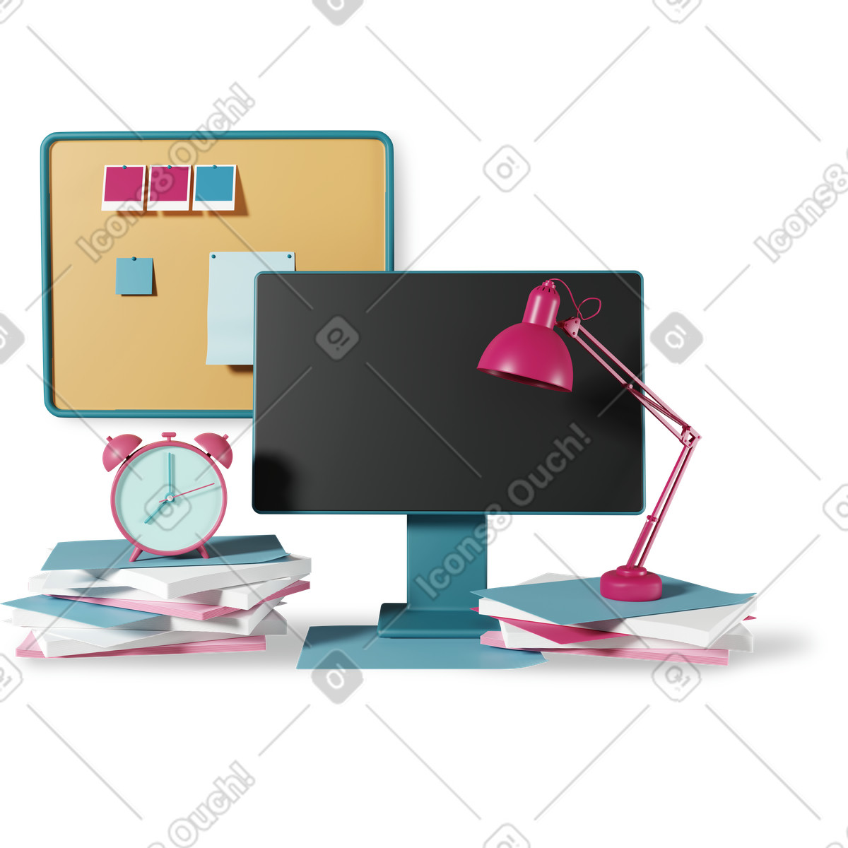 Noteboard with computer screen, lamp and alarm clock illustration in PNG, SVG
