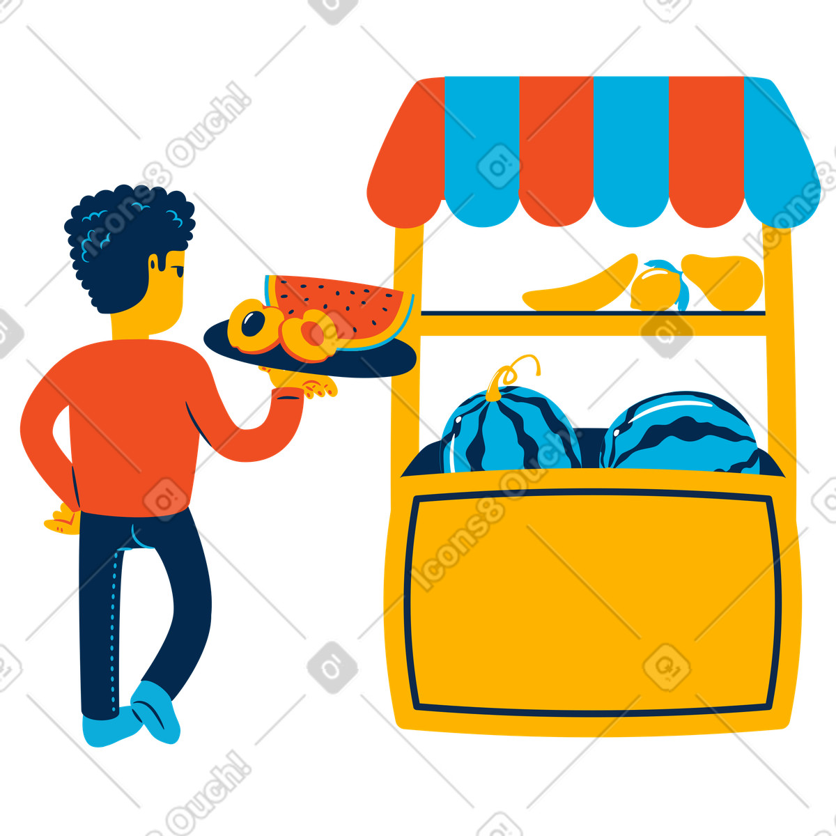 Illustration Homme avec un plateau de fruits coupés au stand dans le style Flame à télécharger aux formats PNG, SVG