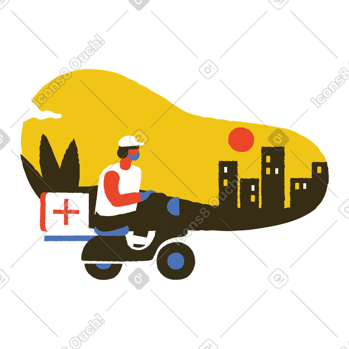 Corriere su scooter che consegna farmaci illustrazione in stile Bermuda scarica in PNG, SVG