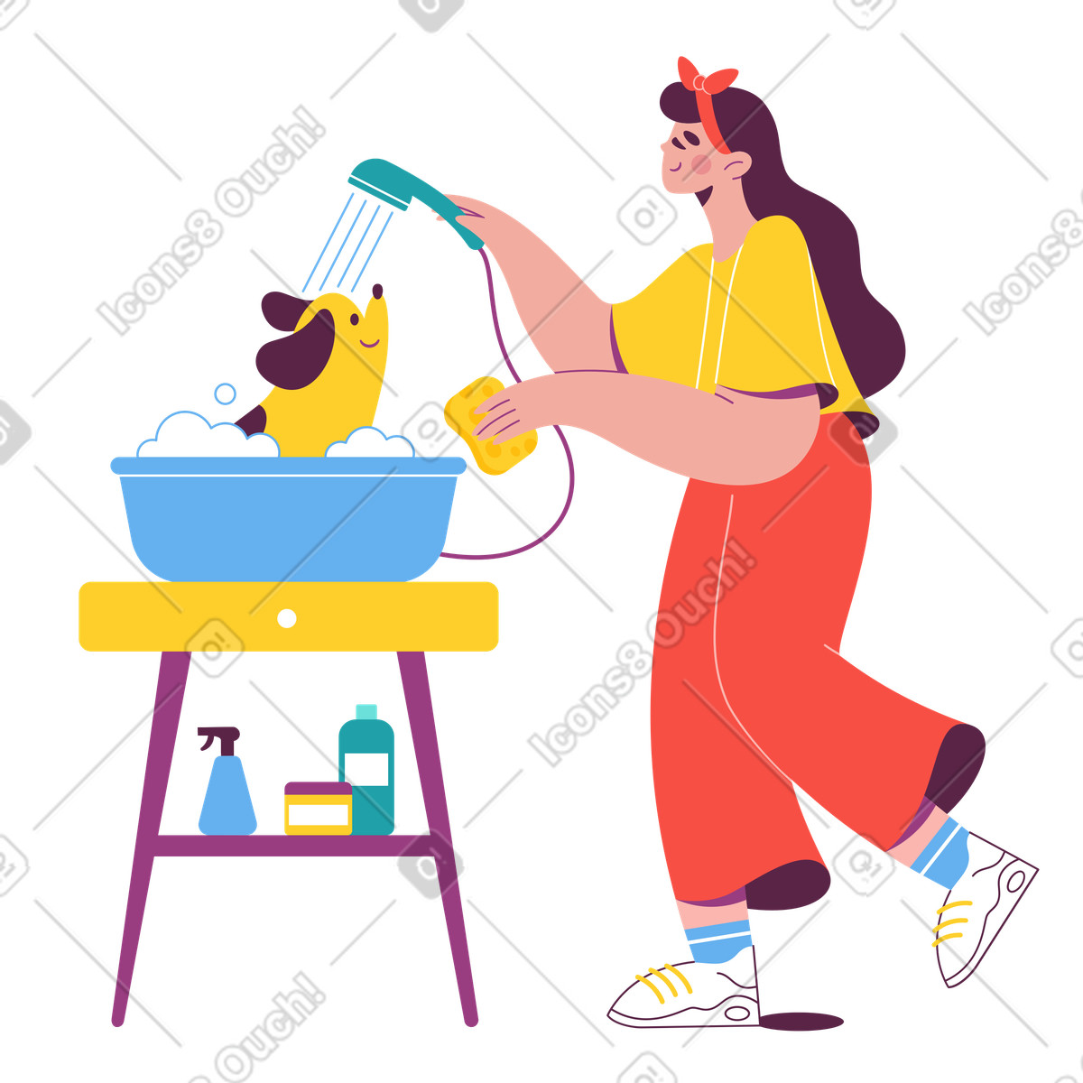 Dog getting bath at home, pet care and hygiene illustration in Sammy style download in PNG, SVG
