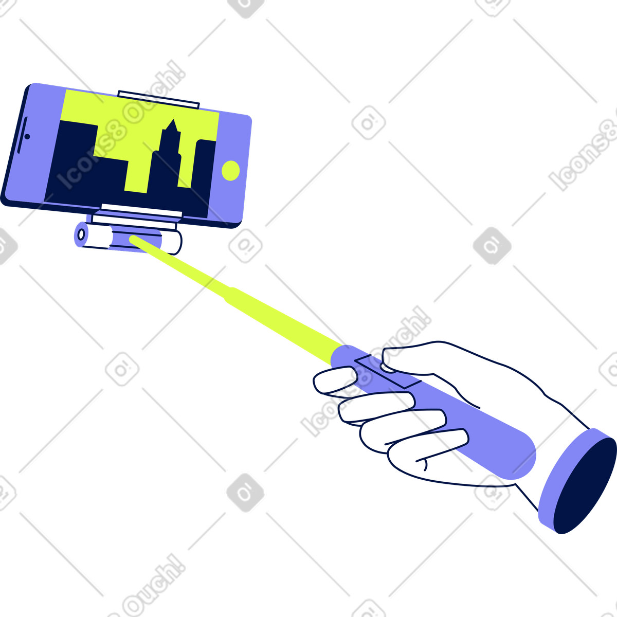 Ilustración Mano sujetando selfie stick con teléfono en estilo Glow a descargar en PNG y SVG
