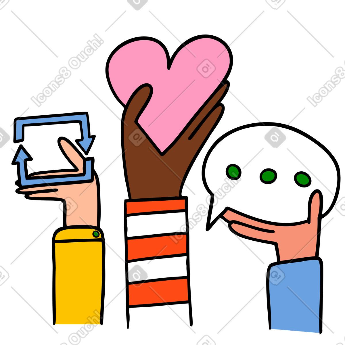Mani che tengono il reblog, icone di like e commenti, interazione sui social media algoritmo illustrazione in stile Comic scarica in PNG, SVG
