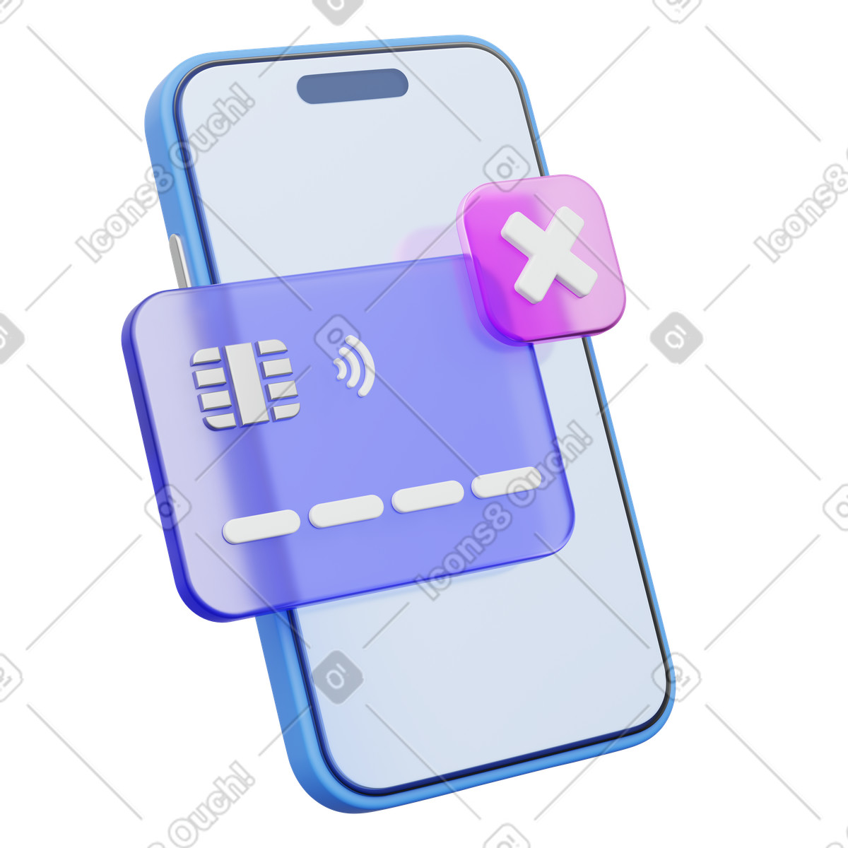 Illustration Alerte de paiement refusé, téléphone avec carte crédit et croix, concept transaction échouée dans le style 3D Playful à télécharger aux formats PNG, SVG