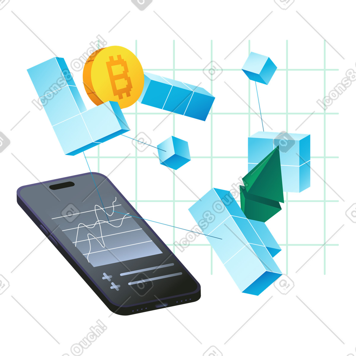 Crypto tracker app, Cryptocurrency market growth and blockchain solutions illustration in PNG, SVG