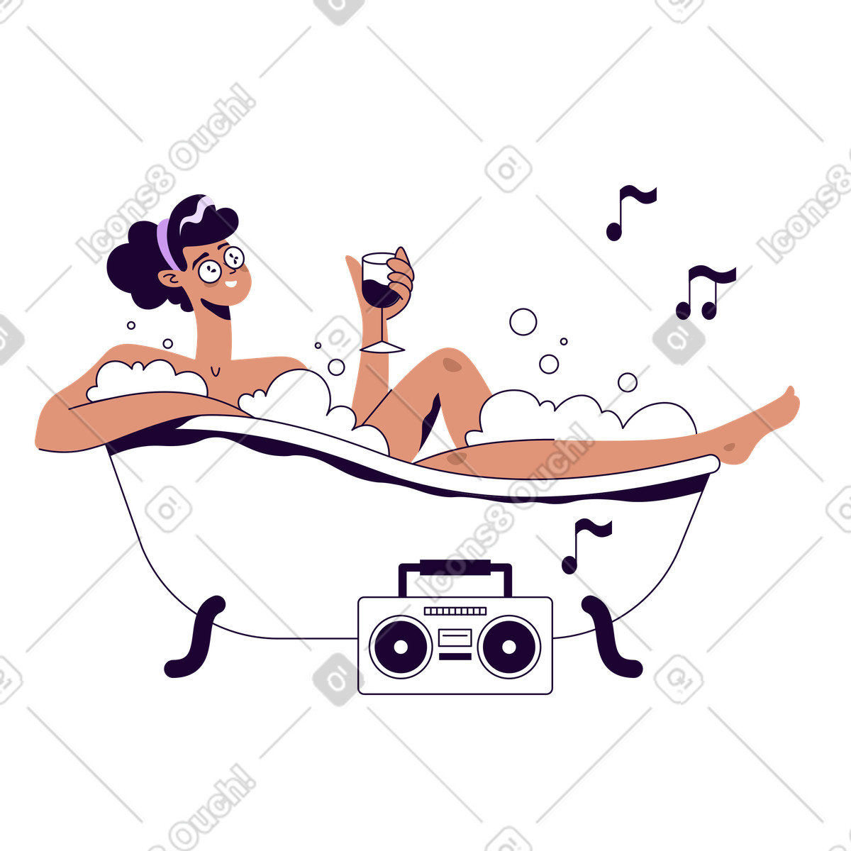 Ragazza che si rilassa nella vasca da bagno e ascolta la musica illustrazione in stile Martina scarica in PNG, SVG