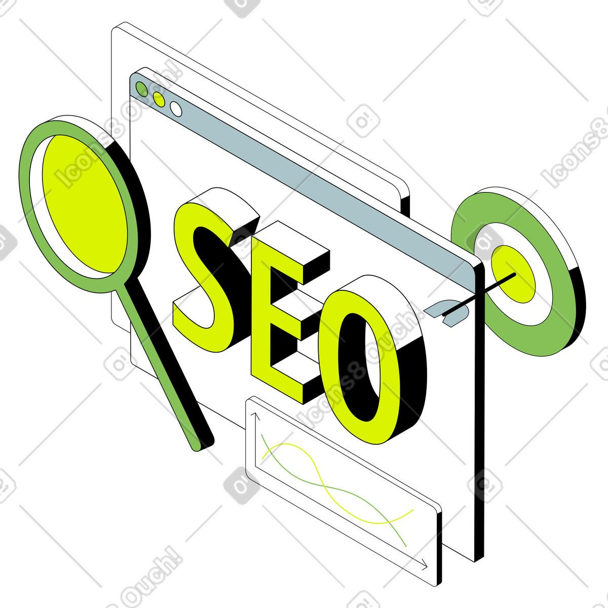 Ilustración Texto seo en el navegador con lupa y destino estilo Isometric a descargar PNG SVG